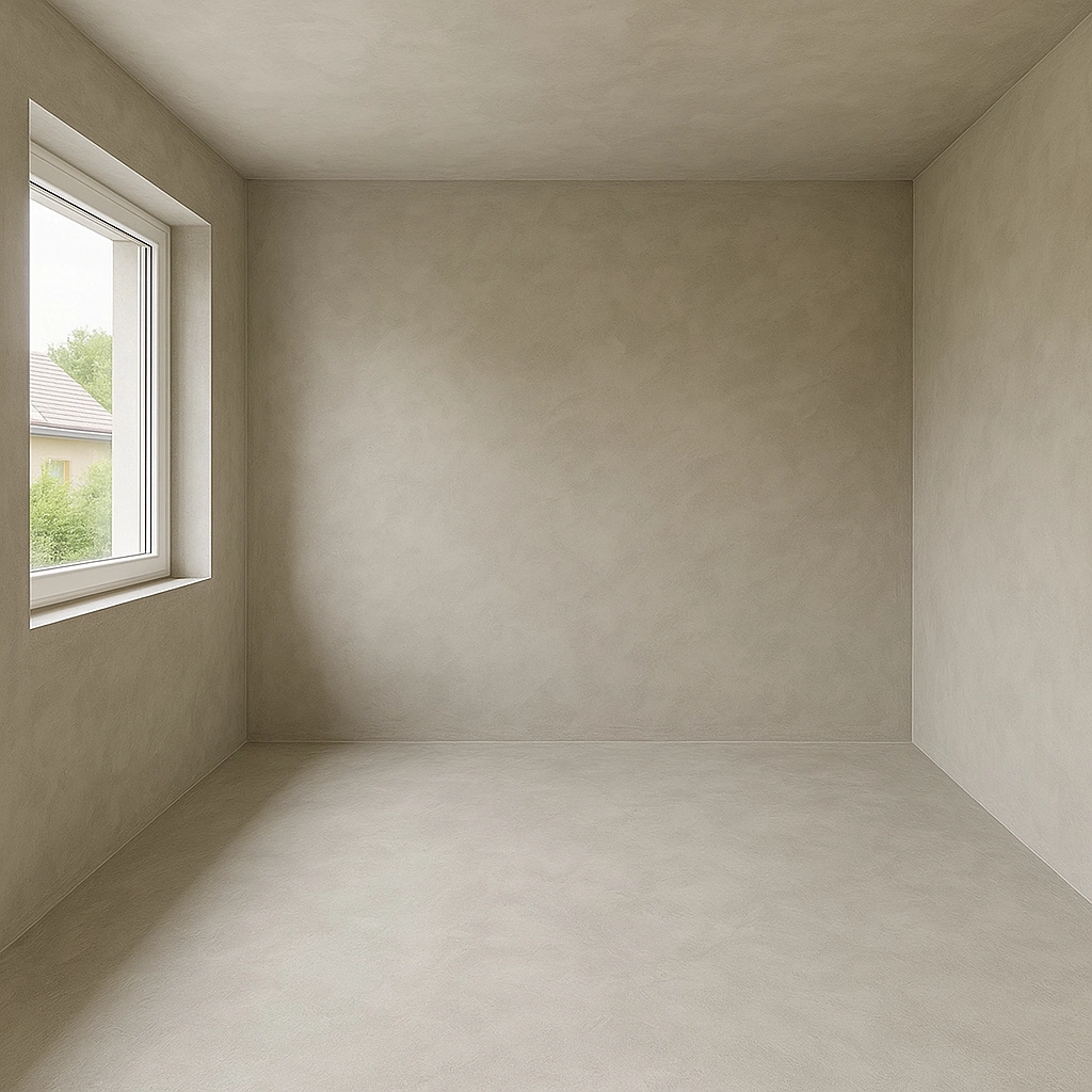 Neutral beige microcement floor and walls in an empty room, Fort Lauderdale—seamless, modern finish by Stucco Kings.