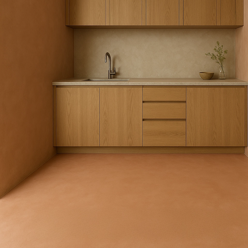 Microcement kitchen floor (terracotta) and beige backsplash in Fort Lauderdale—seamless, easy-to-clean surface by Stucco Kings.